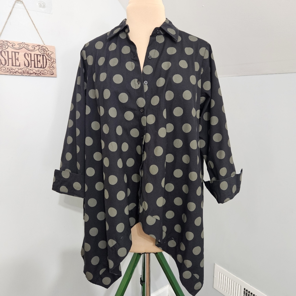 COMFY USA Polka Dot Button Up Tunic Top Black Gray Lagenlook Oversized Medium